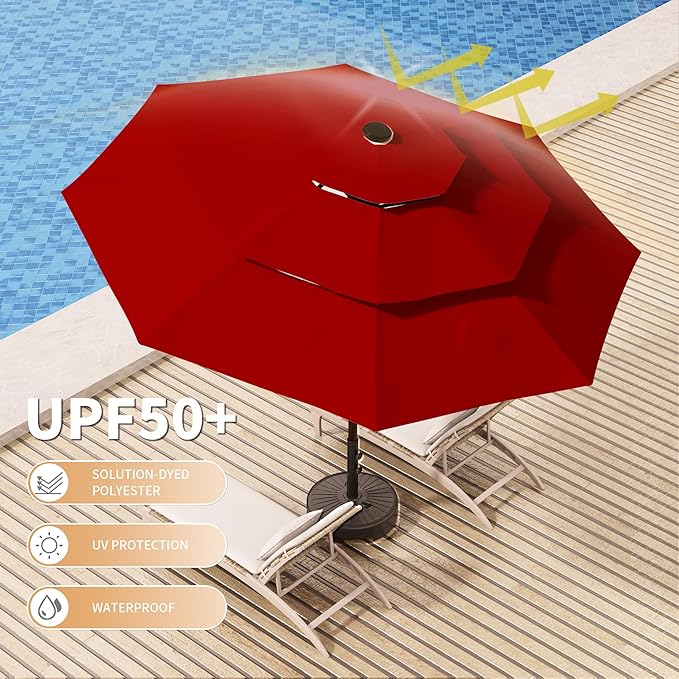 Ayge 9FT 3-Tier Large Outdoor Patio Umbrella Market Table Umbrella-UV Resistant,Easy Push Button Tilt and Crank,8 Sturdy Fiberglass Ribs Heavy-Duty Pool Umbrella for Deck,Backyard,Garden,Yard,Red