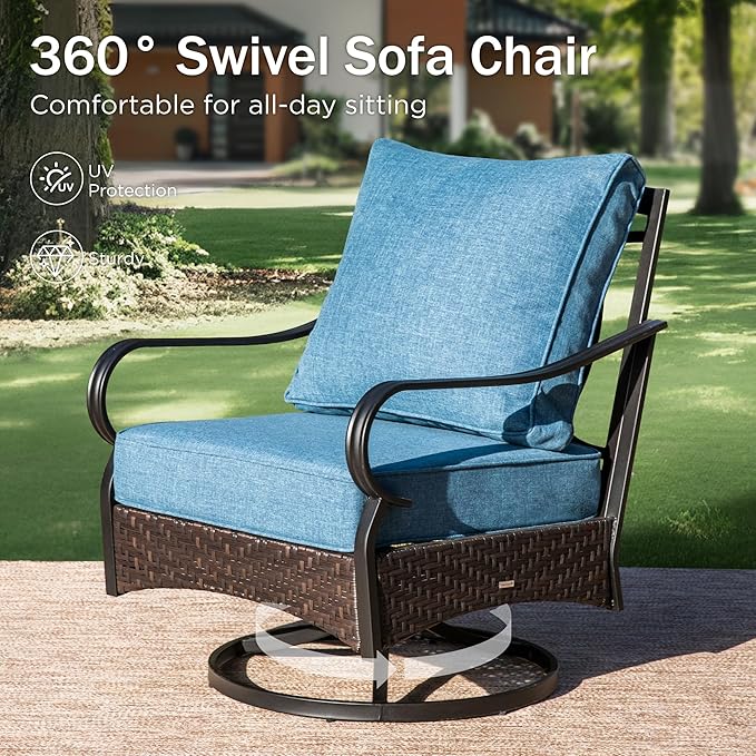 PHI VILLA Outdoor Porch Furniture Set, Upgraded Wicker&Metal Deep Seating Patio Furniture Conversation Set with Waterproof Thick Cushions for Balcony, Deck, and Yard (4 Pieces,Navy)