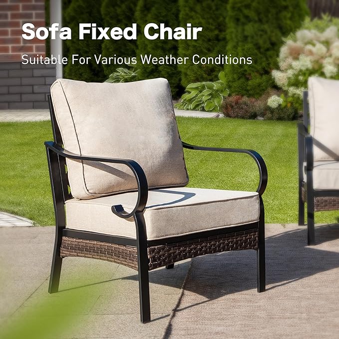 SUNSHINE VALLEY 4 Piece Metal Outdoor Patio Furniture Set, Patio Conversation Sets 1 3-Seater Sofa, 2 Chairs with 5.75" Extra Thick Cushion and Coffee Table, Black Frame Backyard Furniture, Beige