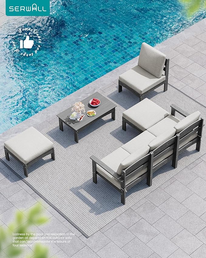 SERWALL 7-Piece Patio Sofa Set, Outdoor Furniture Set, All-Weather HDPE Outdoor Sectional Conversation Set Cushions and Coffee Table, Large Modular Sofas for Garden, Grey Frame with Khaki Cushion