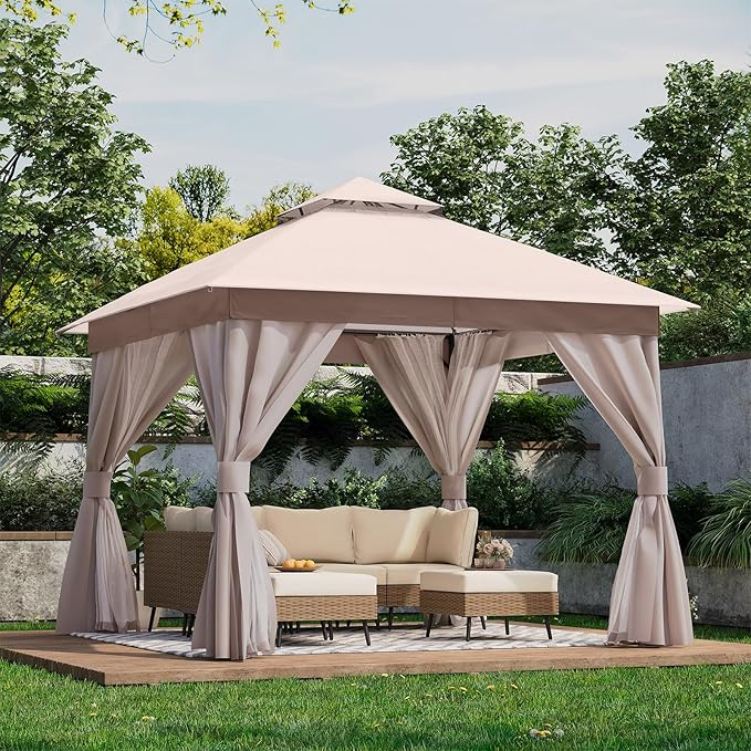 LAUSAINT HOME Outdoor Patio Gazebo 10'x10' with Expansion Bolts, Heavy Duty Party Tent & Shelter with Double Roofs, Mosquito Nettings and Privacy Screens for Backyard (Khaki)
