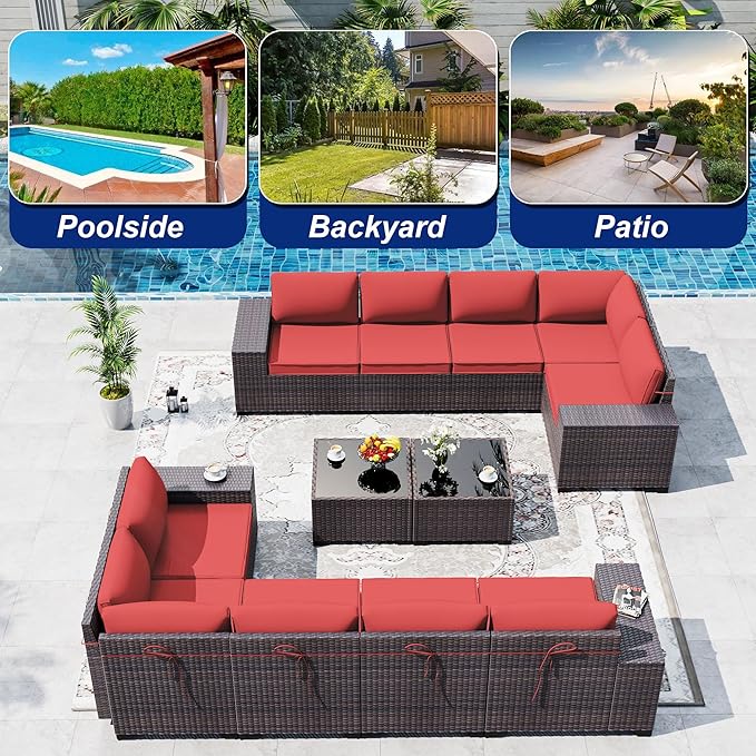 Outdoor Patio Furniture Set, 12 Pieces Outdoor Sectional Furniture High Backrest Patio Sofa, All-Weather PE Rattan Patio Conversation Set with Coffee Table & Cushions(Red).