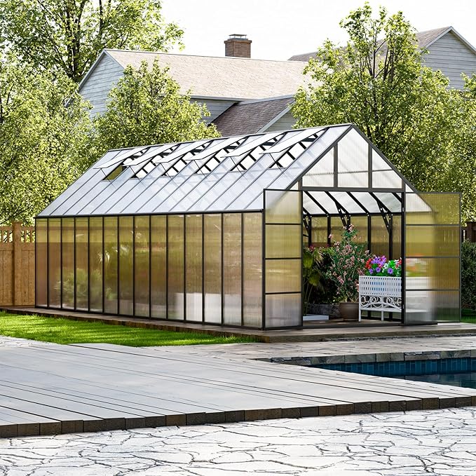 28x10x10 FT Outdoor Greenhouse, Easy Assembly Large Thicker Aluminum Polycarbonate Kit, 6 Vent Windows, Walk-in, for Outside, Sunroom, Patio, Backyard