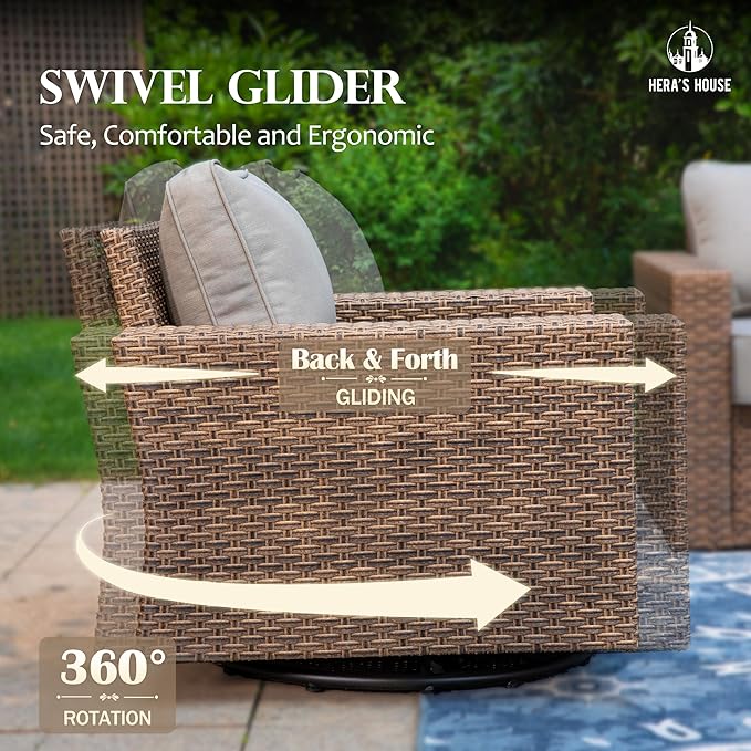 HERA'S HOUSE Swivel Glide Patio Furniture Conversation Set, Outdoor Wicker Chairs with 4.92" Widened Armrest, 6 Pieces Deep Seating Rattan Sofa with 5.5" Gray Cushions for Deck Garden Yard