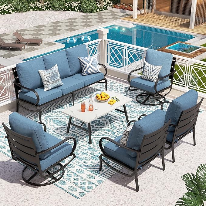 PHI VILLA 6 Piece Patio Furniture Sets with 1 x 3-Seat Wide Deep Seating Bench, 2 x Swivel Cushioned Sofa Chairs, 2 x Leg Sofa and 1 x Coffee Table, Outdoor Metal Furniture Set for 7 Person,Navy Blue