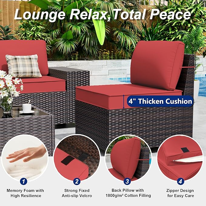 Outdoor Patio Furniture Set, 12 Pieces Outdoor Sectional Furniture High Backrest Patio Sofa, All-Weather PE Rattan Patio Conversation Set with Coffee Table & Cushions(Red).