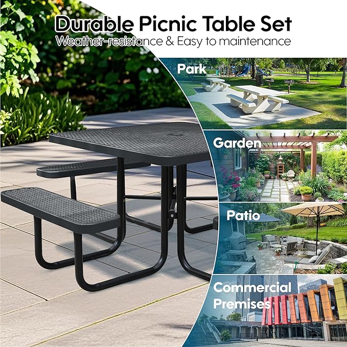 46Inch Square Picnic Table for 8 Person, Outdoor Heavy Duty Sturdy Picnic Tables with 4 Benches & Umbrella Hole, Commercial Metal Patio Picnic Table for Garden, BBQ, Coffee Store, Party, Porch (Black)