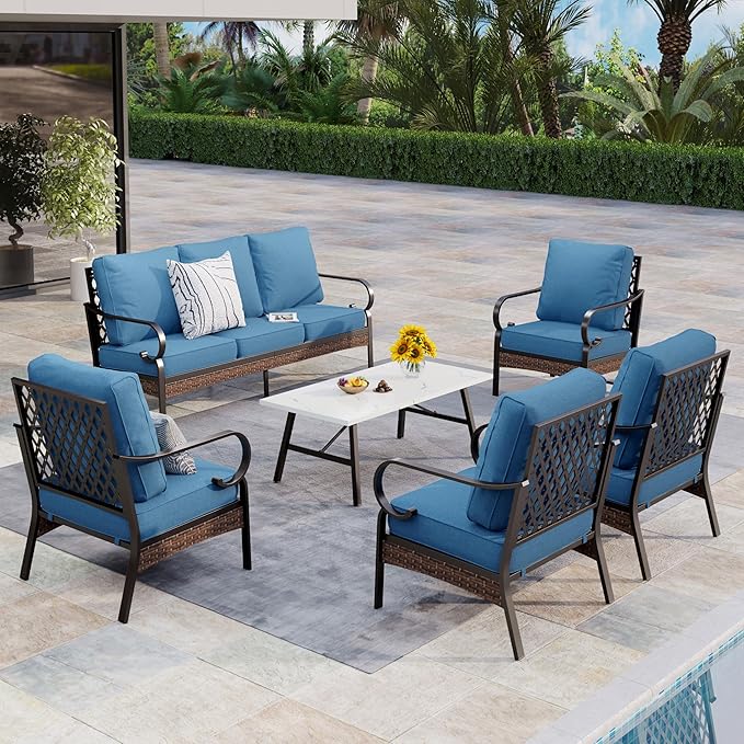 Patio Furniture Set with Coffee Table, Outdoor Conversation Set with 4 x Fixed Chairs, 1 x 3-Seat Sofa for Lawn Garden Backyard, Navy Blue