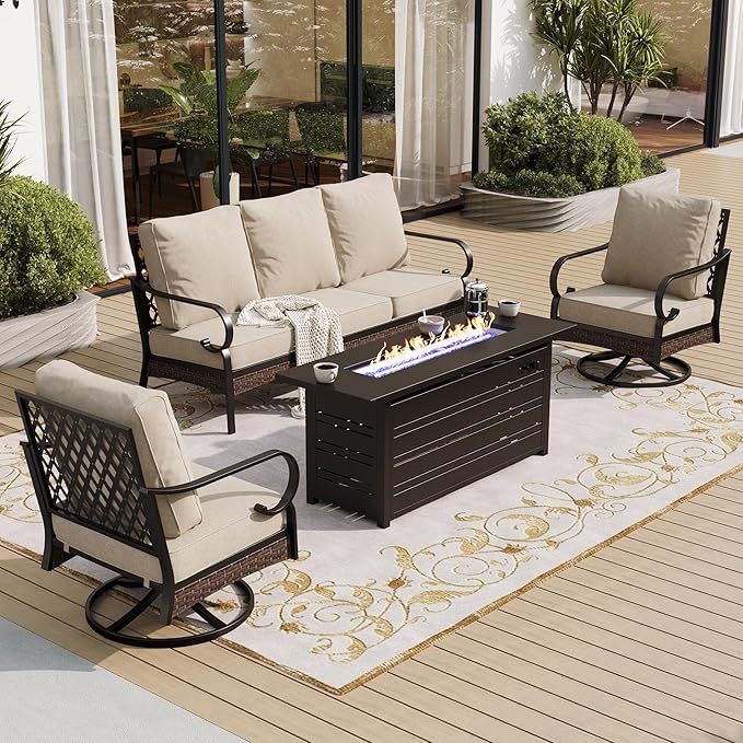 SUNSHINE VALLEY 4 Piece Black Metal Outdoor Patio Furniture Sets with Firepit Table, Patio Conversation Sets 1 3-Seater Sofa, 2 Swivel Sofa with 5.75" Thick Cushion Backyard Furniture for Deck, Beige