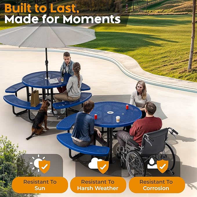 Metal Picnic Tables for Outdoors with Umbrella Hole - Coated Steel Heavy Duty Commercial Grade Furniture Set with Adjustable Seats (Blue, 46 in, Round, Expanded Steel)