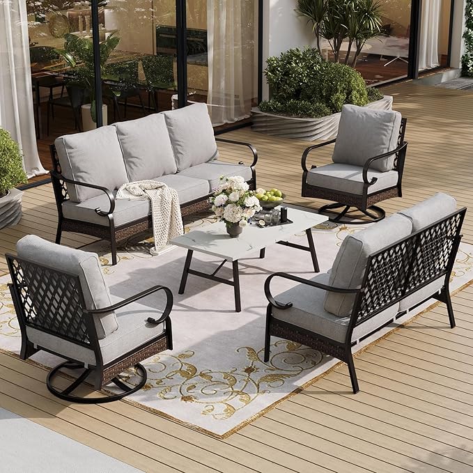SUNSHINE VALLEY 5 Piece Metal Outdoor Patio Furniture Set, Patio Conversation Sets 1 3-Seater Sofa, 2-Seater Sofa, 2 Swivel Sofa with 5.75" Cushion & Coffee Table Black Backyard Furniture, Light Gray