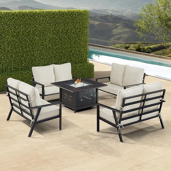 Oakland Living Black Aluminum Patio Fire Table Set with Four Deep Seating Loveseats with Cushions with Light Grey Cushions