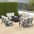 Oakland Living Black Aluminum Patio Fire Table Set with Four Deep Seating Loveseats with Cushions with Light Grey Cushions