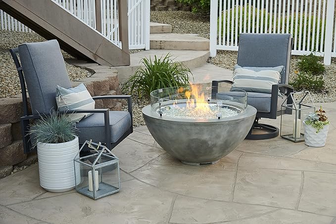 Outdoor GreatRoom Co Propane Fire Pit Table - Cove Gas Fire Pits for Outside Patio - 42 Inch Round Bowl Concrete Firepit Fire Table with Glass Tabletop Cover, Tempered Clear Glass Gems, 105,000 BTU