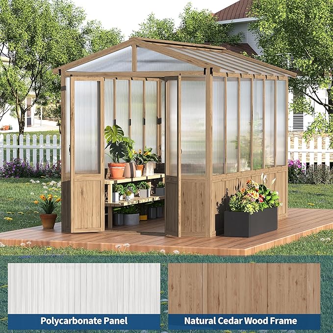 8x10FT Wooden Greenhouse with Cedar Frame, Outdoor Wood Greenhouses with Roof Vent, Wood and Polycarbonate Walk-in Greenhouse