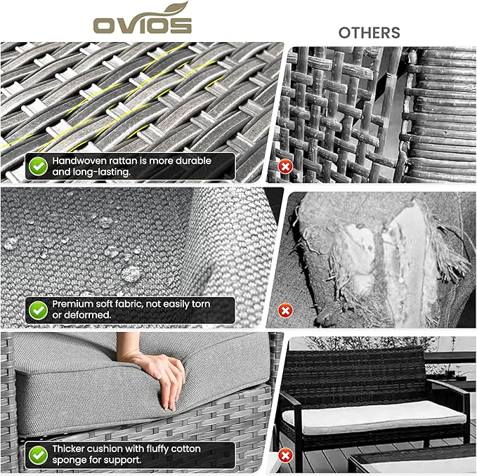 ovios 6 Pieces Patio Furniture Set with 42" Fire Pit Table, Outdoor Wicker Sofa with Comfy Cushions, All Weather High Back Rattan Couch Conversation Set, Dark Grey