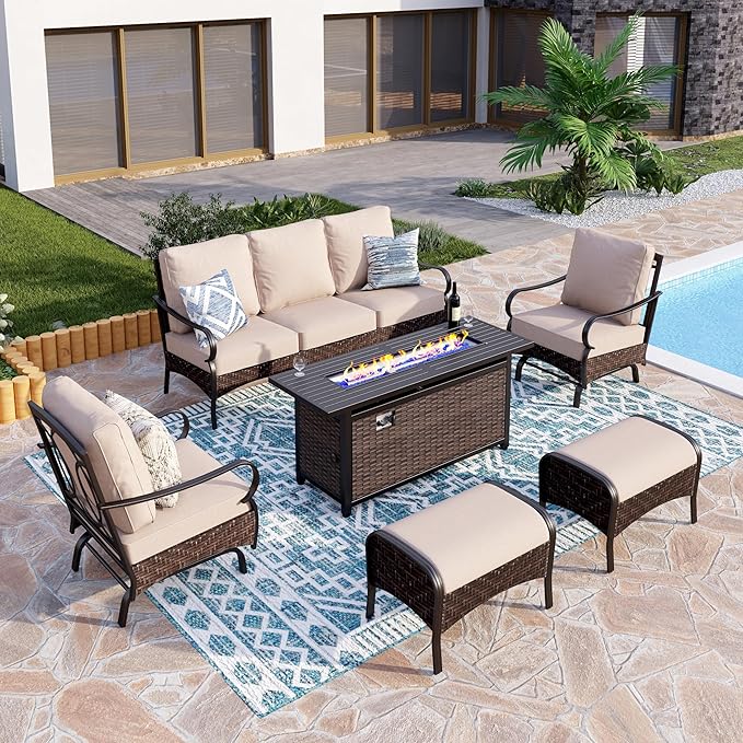 Patio Furniture Set with 56" Fire Pit Table, Premium Outdoor Wicker Metal Frame Furniture with Upgraded Waterproof Thick Cushions for Porch, Poolside, Deck, and Yard （8 Pieces,Beige）