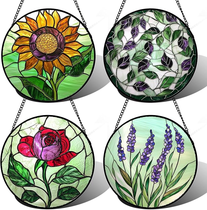 AMDERVEN Stained Glass Window Hanging 4 Pcs Set Red Roses Yellow Sunflowers 7.8" - Flower Suncatcher Door Garden Sun Catcher Decor Birthday Mother's Day for Mom Woman Nana Girl