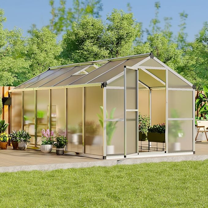 Greenhouse, 8x12 ft Greenhouse for Outdoors, Walk-in Green House with Ground Nails and Vent Windows, Sliding Lockable Door, Polycarbonate Green House for Outside Garden Backyard, Quick Setup, Silver