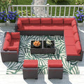 Outdoor Patio Furniture Set, 14 Pieces Outdoor Sectional Furniture Patio Sofa, All-Weather PE Rattan Patio Conversation Set with Tempered Glass Top Table & Cushions(Red),