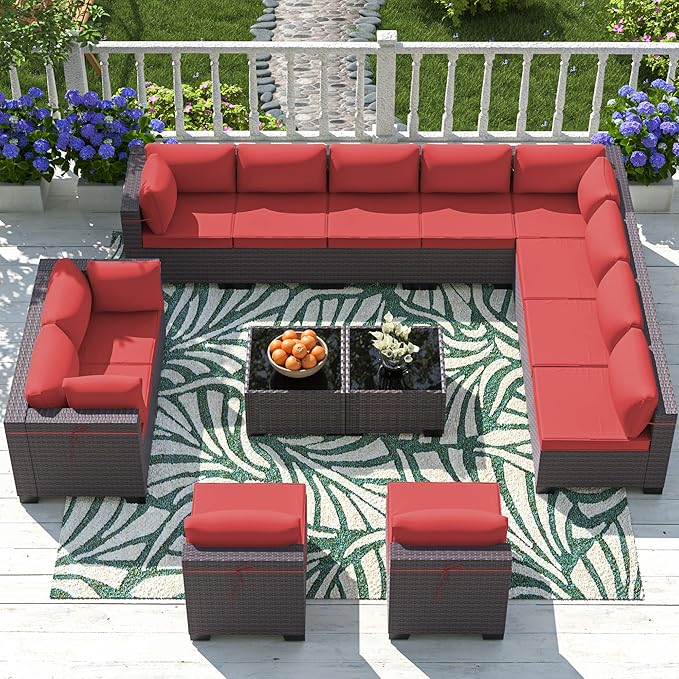 Outdoor Patio Furniture Set, 14 Pieces Outdoor Sectional Furniture Patio Sofa, All-Weather PE Rattan Patio Conversation Set with Tempered Glass Top Table & Cushions(Red),