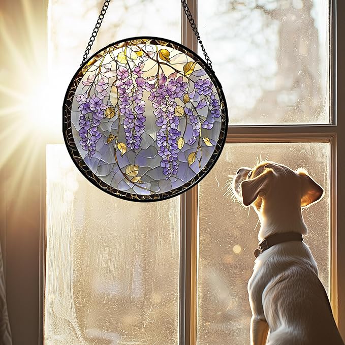 AMDERVEN Stained Glass Window Hanging - Wisteria Flower Golden Leaves Sun Catcher for Door Home Decor Plant Suncatcher Christmas Mother's Day Birthday Gifts for Women Men Lovers Mom Nana 7.8 in