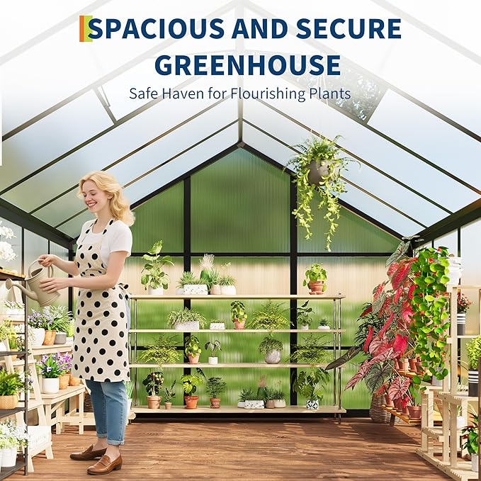 8x10 FT Greenhouse, Polycarbonate Walk-in Greenhouse for Outdoors with Roof Vent & Lockable Outward-Opening Swing Door, Heavy-Duty Aluminum Green House for Garden, Backyard, Patio, Lawn, Dark Grey