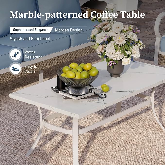 SUNSHINE VALLEY 4 Piece Metal Outdoor Patio Furniture Sets, Patio Conversation Sets 1 2-seater Sofa, 2 Single Sofa with 5.75" Extra Thick Cushion and Coffee Table, White Frame Backyard Furniture, Blue