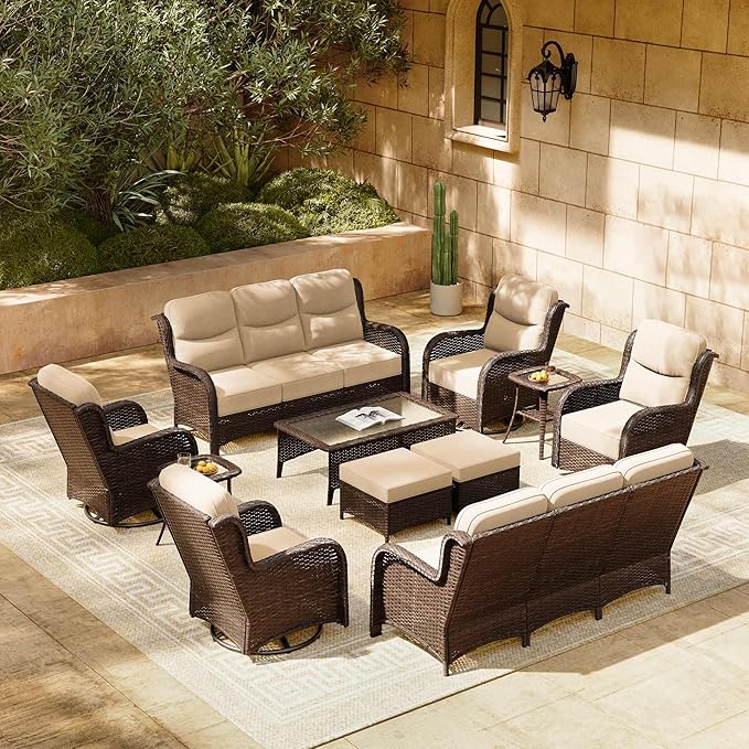 HILLGA Luxury Patio Furniture Set with 6-inch Thick Cushion, Outdoor Couch and High Back Swivel Rocker Patio Chairs, 11PCS Wicker Conversation Set for Deck Yard and Poolside, Beige (V2)