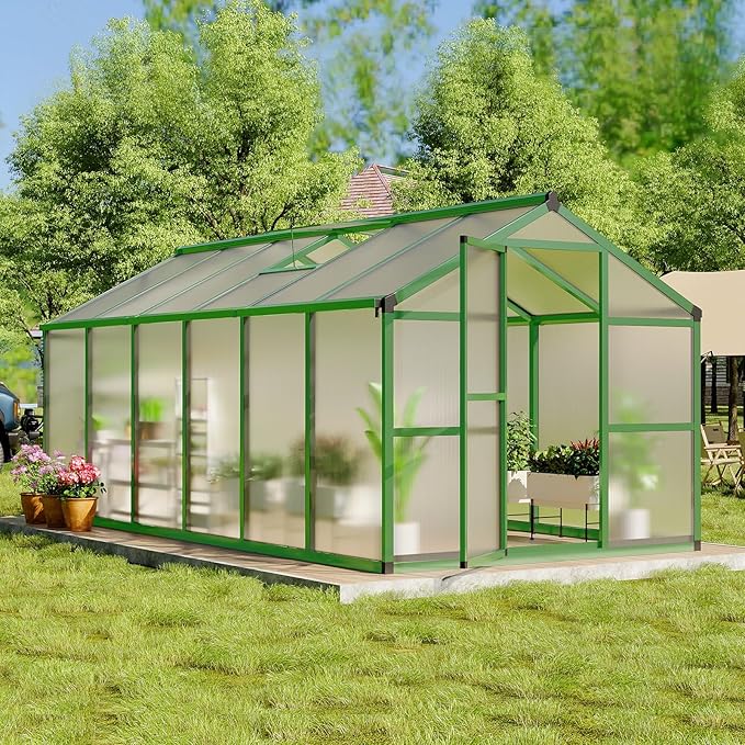 Greenhouse, 8x12 FT Greenhouse for Outdoors, Walk-in Green House with Ground Nails and Vent Windows, Sliding Lockable Door, Polycarbonate Greenhouses for Outside Garden Backyard, Quick Setup, Green