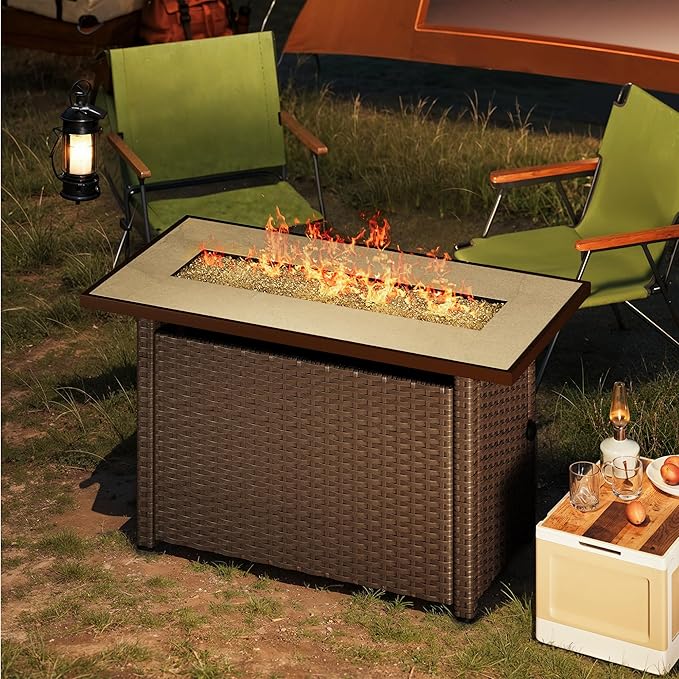 Gizoon 45" Gas Fire Pit Table, Propane Fire Pit with Glass Rocks, Waterproof Cover and Pe Rattan, Outdoor Patio Fire Pits for Backyard, Garden, Party