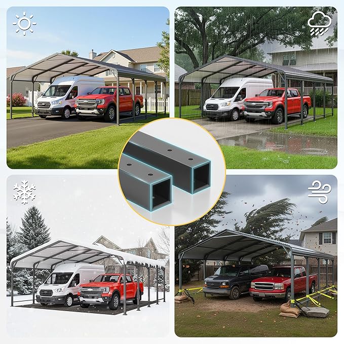 Wisteria Lane 20'x20' Metal Carport with Updated Roof & Enhanced Base, Heavy Duty Canopy Carport Garage, Vertaile for Car, Truck, Boat, Tractors, Party, Dark Gray
