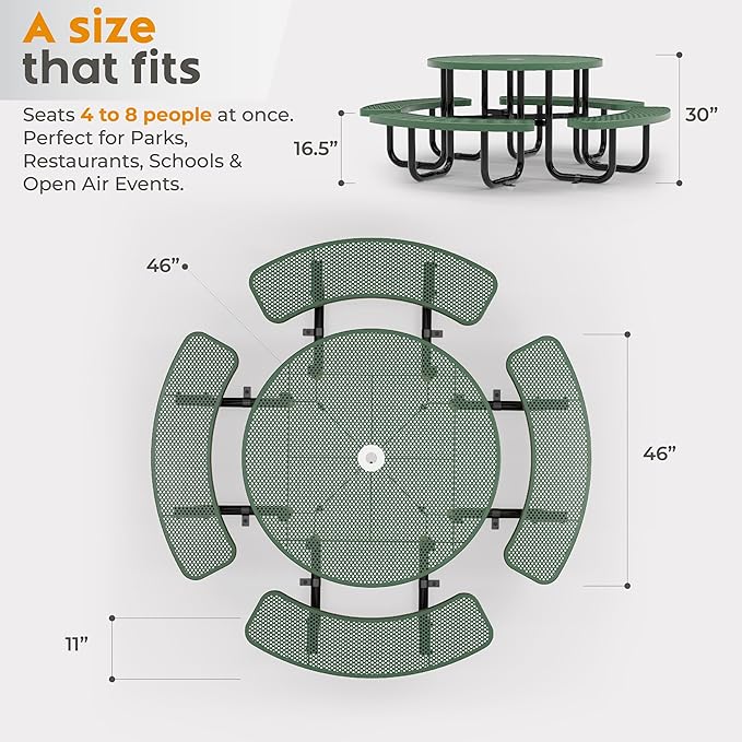 Metal Picnic Tables for Outdoors with Umbrella Hole - Coated Steel Heavy Duty Commercial Grade Furniture Set with Adjustable Seats (Green, 46 in, Round, Punched Steel)