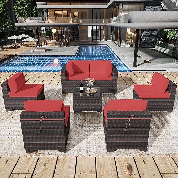 Outdoor Patio Furniture Set, 7 Pieces Outdoor Sectional Furniture Patio Sofa, All-Weather PE Rattan Patio Conversation Set with Tempered Glass Top Table & Cushions(Red).