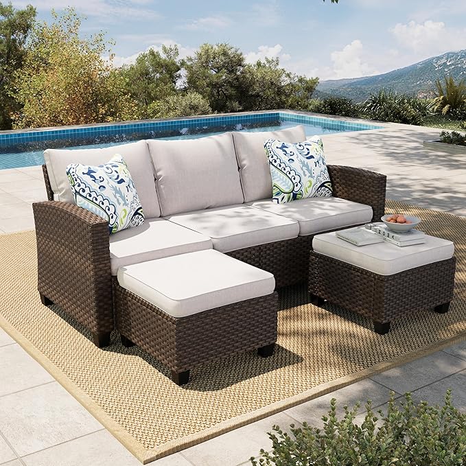 Small Patio Furniture Set, 3 Pieces Wicker Outdoor Sectional Set, L-Shaped Patio Couch Set, Modular Rattan Conversation Set with Lounge Sofa and Ottomans for Deck Lawn Garden, Beige