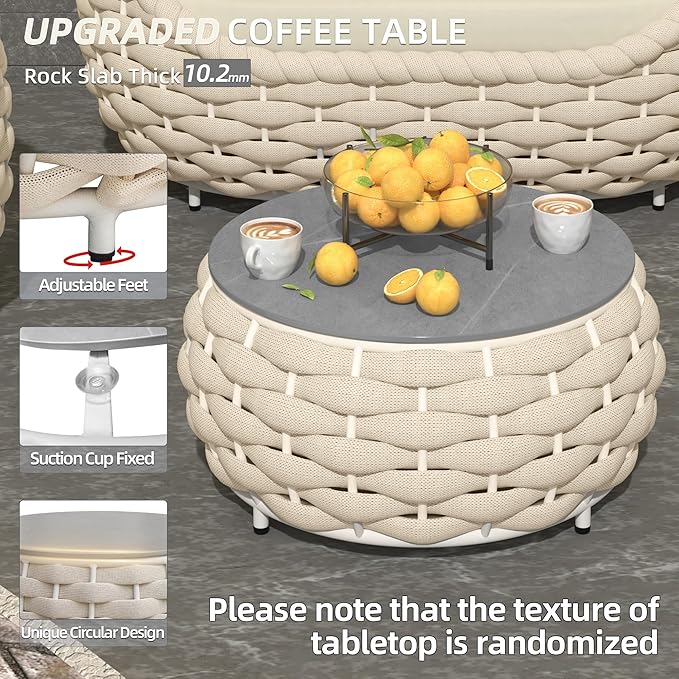 TWT 6-Piece Aluminum Patio Furniture Set, Olefin Rope Modern Outdoor Conversation Set Sectional Sofa with Water Repellent Thick Cushions and Coffee Table for Balcony, Garden, Beige