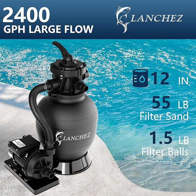 LANCHEZ 12" Sand Filter Pump for Above Ground Pool, 1/3 HP Pool Pump, Max 2400 GPH for Pools Up to 7,000 GAL, 6-Way Valve Pool Sand Filter System
