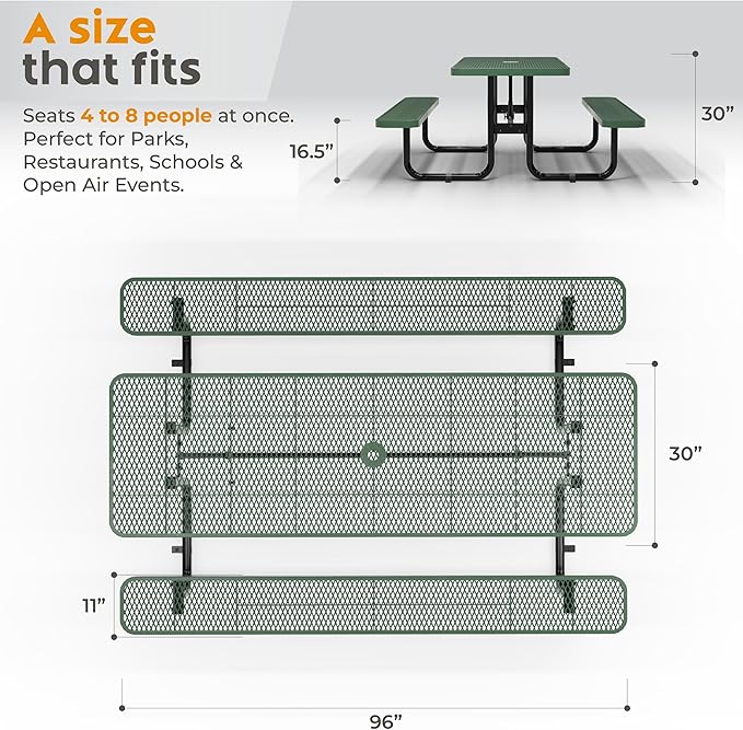 Commercial Heavy-Duty Metal Picnic Table - ADA Compliant, Adjustable Seats, Umbrella Hole, Expanded Metal (Green, 8' Rectangular)
