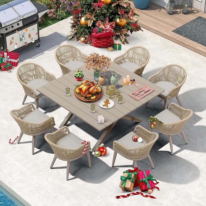 PURPLE LEAF 9 Pieces Patio Dining Set with Outdoor Aluminium Square Dining Table and Woven Rattan Chairs Modern Metal Furniture Cushions Sets for Garden Yard Indoor Decor Kitchen Champagne