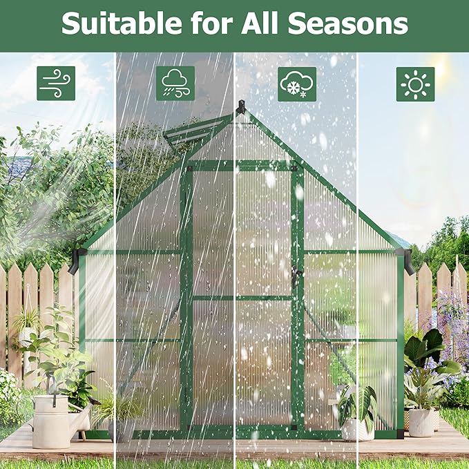 6x9 FT Outdoor Greenhouse, Polycarbonate Greenhouse with Roof Vent and Ground Nails, Aluminum Large Walk-in Green House w/ Lockable Push Door for Outside Garden Backyard (Green, 6X9 FT)