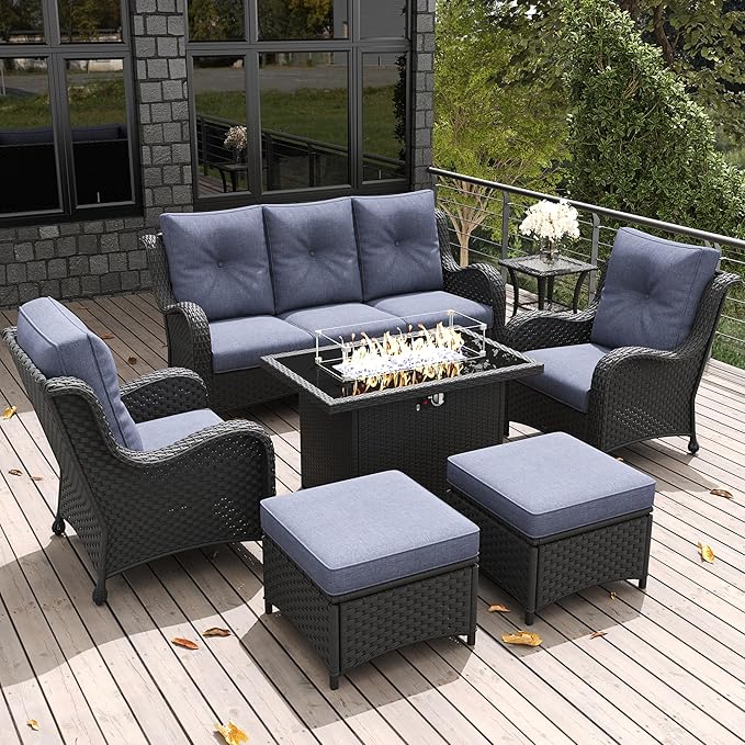 LayinSun 7 Pieces Outdoor Patio Furniture Set with Fire Pit Table, Rattan Wicker Sectional Chairs Sets with Ottomans, Single Chairs and Coffee Table