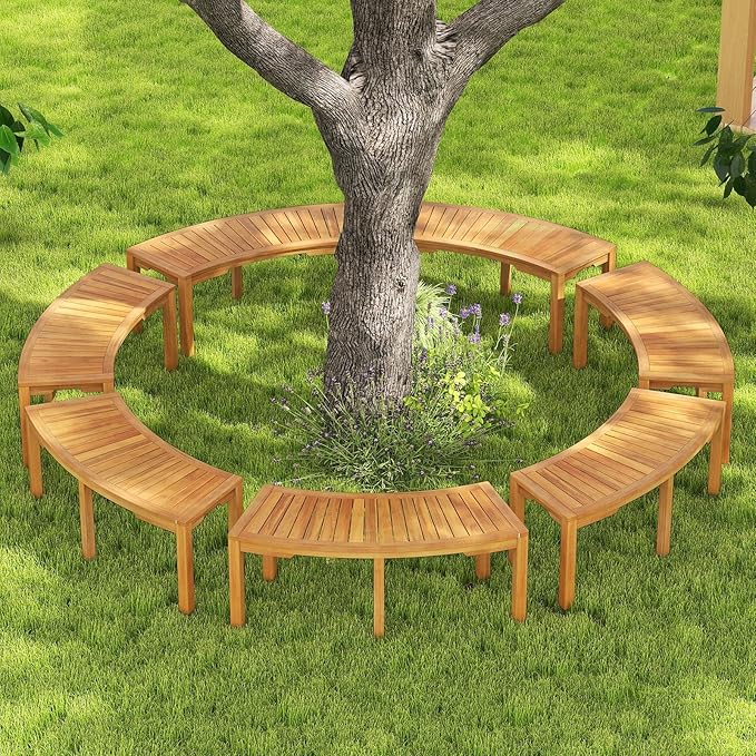 RELAX4LIFE Wooden Outdoor Curved Bench - Acacia Wood Garden Bench w/Slatted Seat, 2-Person Outside Backless Seating for Porch Backyard Deck Park, 800 LBS Load Capacity, Patio Fire Pit Bench (4, 45'')