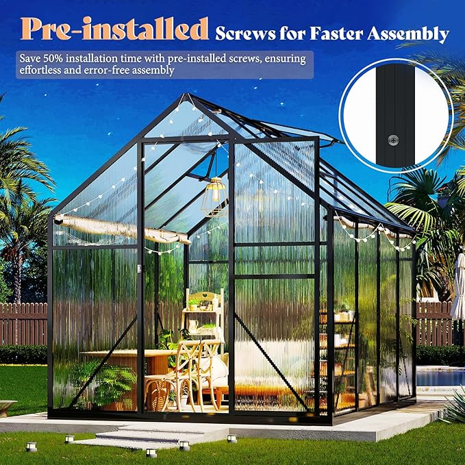 AMERLIFE 6x10x6.3 FT Outdoor Polycarbonate Greenhouse, Walk-in Aluminum Garden Structure with Dual Roof Vents & Swing Door, Heavy-Duty Black Greenhouse