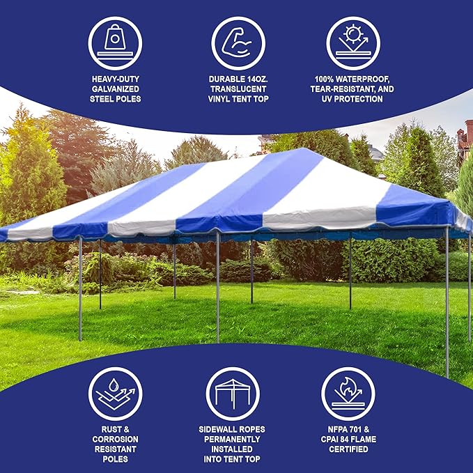 Party Tents Direct 20'x40' Weekender West Coast Tent Frame Party Tent (Blue/White) PVC Top with Storage Bag - Tents for Parties, Weddings, Birthdays, Banquets, Fiestas, Workshop, Outdoor Event