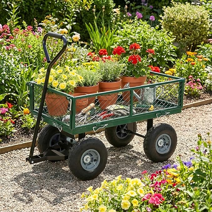 BestMassage Heavy Duty 500 Lbs Capacity Mesh Steel Garden Cart Folding Utility Wagon with Removable Sides for Beach Lawn Yard Landscape (Deep Green)