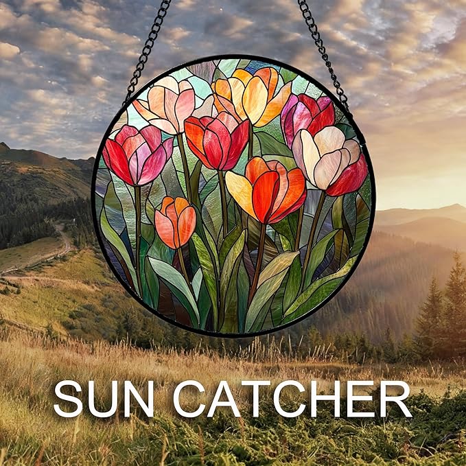 QZQCBLC Stained Glass Window Hanging Red and Pink Tulips 7.8" - Plant Suncatcher Door Garden Flower Sun Catcher Home Decor Birthday Christmas for Mom Woman Wife Friend Nana