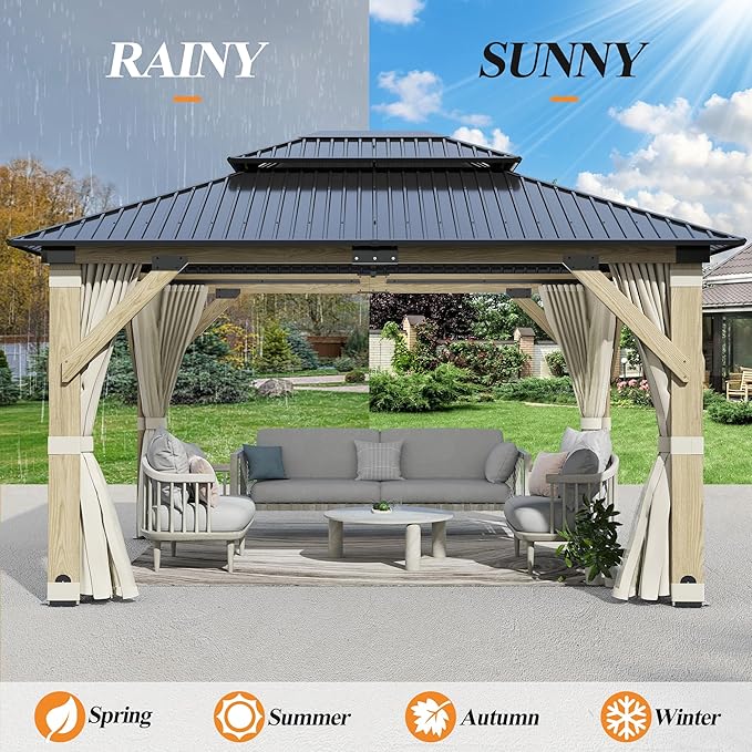 GARTOO 11’x13’ Outdoor Wooden Gazebo, Patio Galvanized Steel Wood Gazebo with Privacy Curtains and Netting, Vented Double Roof Hardtop Pavilion for Garden, Porch, Lawn, Poolside, Backyard, Deck