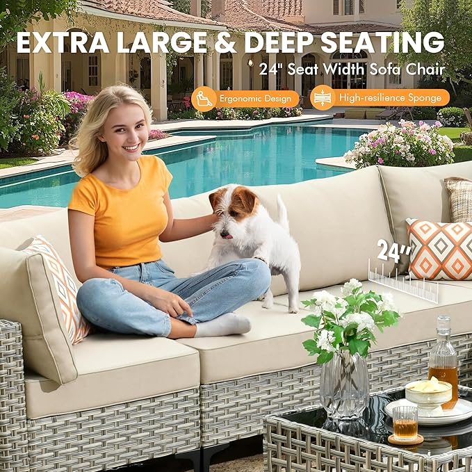 Outdoor Sectional Patio Furniture Set with Fire Pit Table and Glowing Table,6 Pieces Wicker Conversation Sets L Shaped Couch Out Door Sofa Set Outside Furniture for Garden Deck Yard,Beige