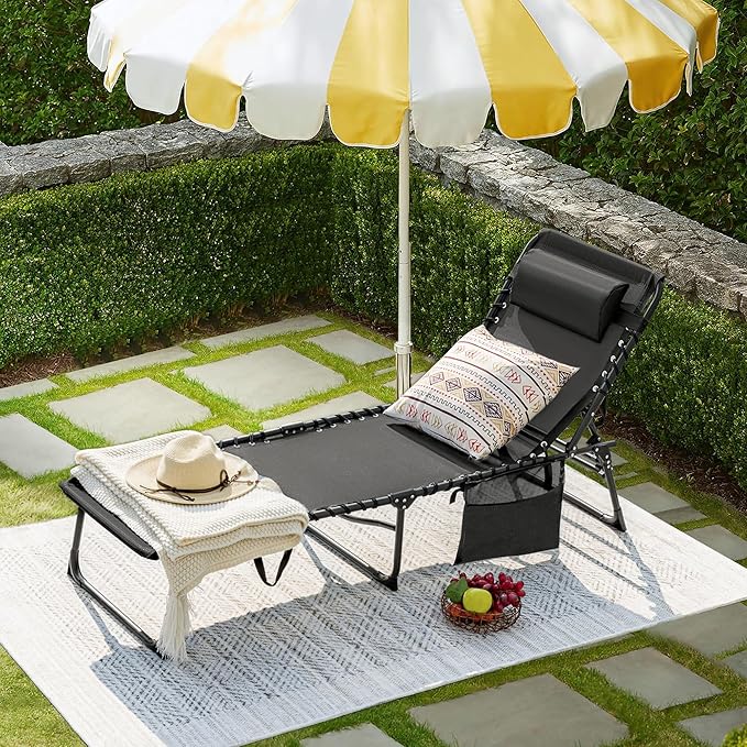 Flamaker Foldable Chaise Lounge Chair 5-Position Adjustable, Tanning Chair with Side Pocket, Outdoor Sunbathing for Pool, Beach, Patio, Lawn, Indoor Recliner Chair for Napping(Grey, 1 Pcs)