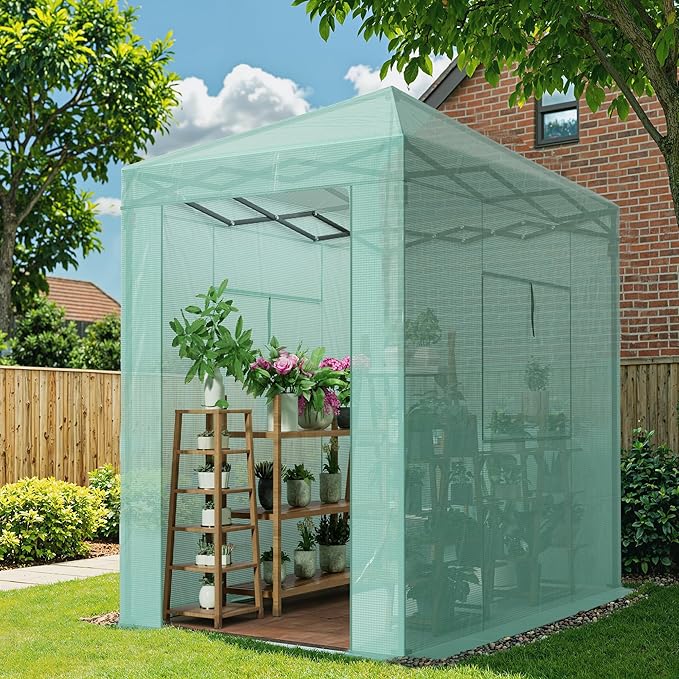 Greesum 6x4 FT Portable Small Greenhouse with PE Cover, Zippered Door and 2 Roll-up Windows, Easy Assemble(Green)
